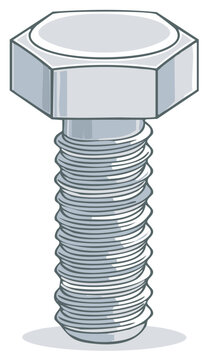 Hex Head Bolt with Threads Illustration Metal Fastener Cartoon Style