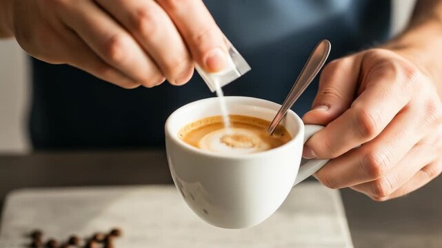 A person adding sugar to a cup of coffee with a spoon