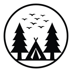 Black and white silhouette of camping scene with trees tent and birds flying overhead circular icon icon © Nur