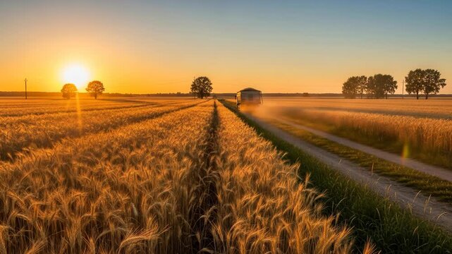 A serene landscape of golden wheat fields at sunset beside a winding rural road