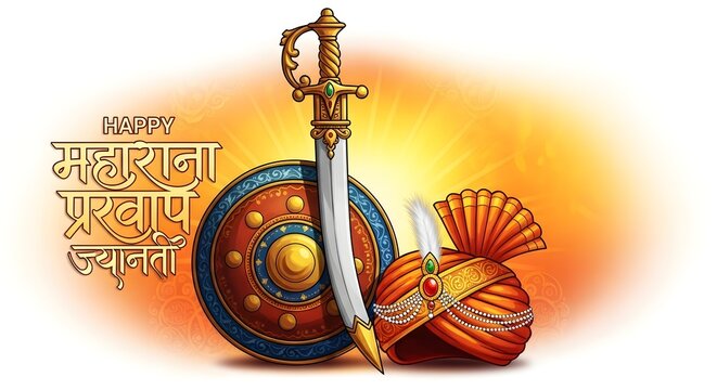 Vibrant Digital Painting Honoring Maharana Pratap Jayanti Featuring Ornate Sword Shield and Traditional Turban Artwork for Indian Warrior King Celebration