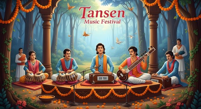 Classical Indian musicians perform at the Tansen Music Festival in a serene forest setting, celebrating traditional heritage melody and soulful acoustic rhythms during an evening concert.