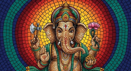 Obraz premium Vinayaka Mosaic Art Banner of Hindu Deity Lord Ganesha Featuring Vibrant Digital Painting Illustration with Intricate Patterned Design and Sacred Spiritual Religious Symbolism