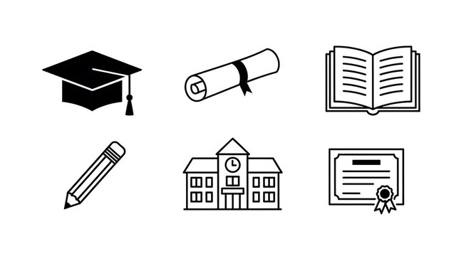 Collection of school and education icons, including graduation cap, diploma, book, pencil, and building, representing academic achievement and learning