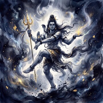 Lord Shiva Performing Divine Cosmic Dance in Abstract Swirling Universe Spiritual Mythology Art