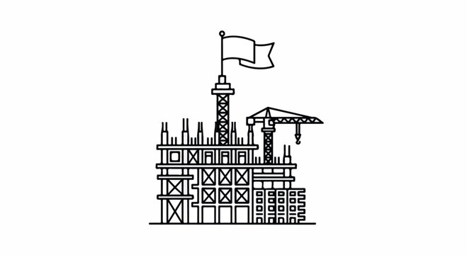 Line drawing of a building under construction with a flag on top against a white background.