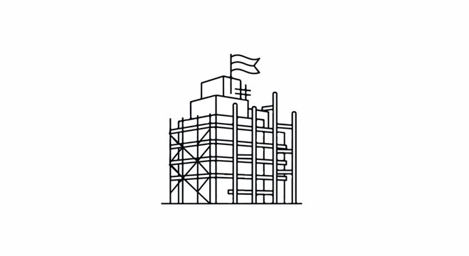 Line drawing of a factory building with a flag on top, featuring scaffolding and industrial structures on a white background.