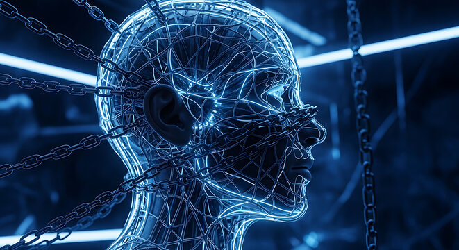 Glowing wireframe human head, bound by chains, representing artificial intelligence, digital control, and technological constraints on consciousness in a futuristic reality