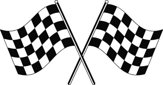 Flat line art vector of crossed checkered race flags featuring classic black and white squares simple modern illustration