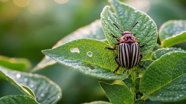 A black and orange beetle with black stripes on its back rests on a green leaf with water droplets