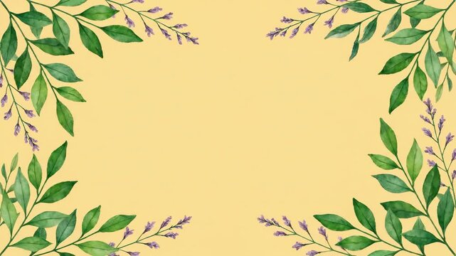 Watercolor botanical frame with green leaves and delicate purple flowers on a soft yellow background, perfect for invitations and greetings