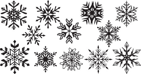 Fototapeta premium Black Snowflakes on White Background Winter Illustration Set