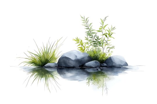 Tranquil Watercolor Landscape Featuring Stones and Lush Greenery in Calm Reflection