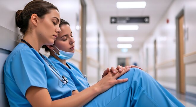 Two Weary Healthcare Workers Finding Comfort in Hospital Hallway