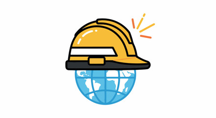 Fototapeta premium Cartoon illustration of a yellow hard hat on a blue globe with a white background and orange sparks.
