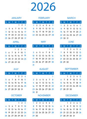 2026 calendar template with blue rectangle box | Three column month arrangement calendar visualization 2026 | Black and blue text vector illustration