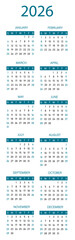 2026 calendar template with teal rectangle box | Two column month arrangement calendar visualization 2026 | Black and blue text vector illustration