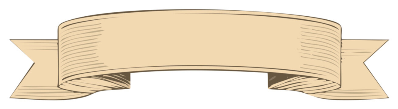 Vintage distressed parchment paper banner scroll element with classic etched woodcut texture