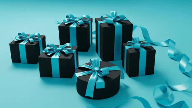 A collection of elegantly wrapped gifts in black boxes with turquoise ribbons on a matching blue background