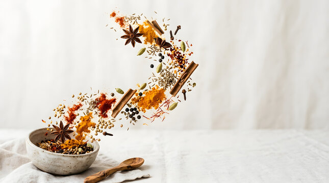Mindful eating sensation and wellness style. Floating spices and herbs pouring from a bowl onto a white surface.
