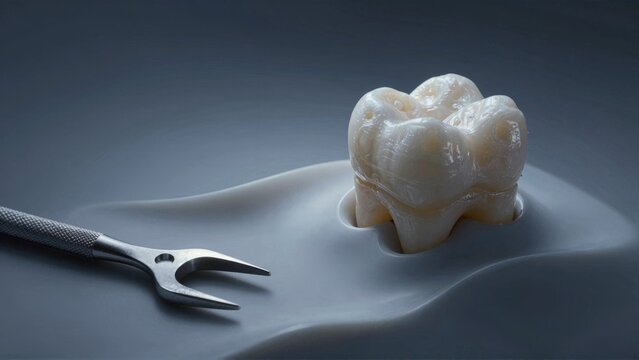 Tooth extraction tool with tooth model on dental dam