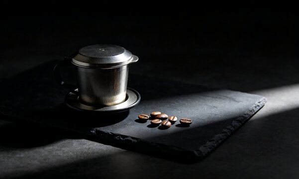 A metallic coffee phin and scattered roasted beans on a dark slate, dramatically lit, capture the elegant ritual of brewing a rich, aromatic beverage