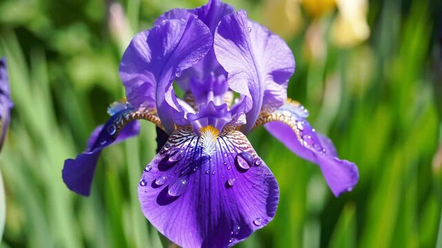 Macro photograph of a dew-kissed purple iris flower blooming in a garden, showcasing its delicate petals and vibrant color