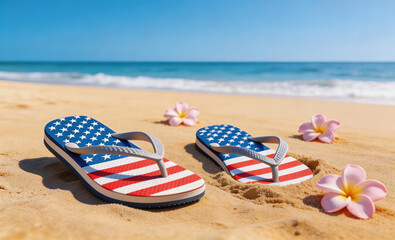 Naklejka premium American flag-themed flip flops on sandy beach with ocean waves, plumeria flowers under clear blue sky, evoking summer vacation and tropical leisure.