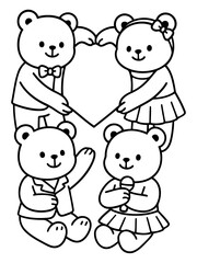 Fototapeta premium A Quartet of Bears Presenting a Heart: A charming illustration featuring four adorable bears, each with unique attire, collectively forming a heart shape. This image exudes warmth and friendliness