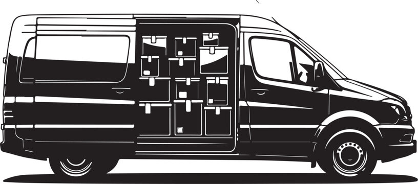 Black van with open side door and interior details