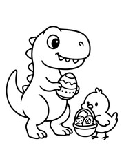 Fototapeta premium Dinosaur and Chick with Easter Egg: A charming illustration depicts a friendly dinosaur and a fluffy chick, celebrating Easter with an egg, full of festive spirit and playful companionship.