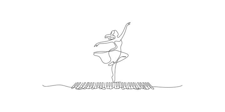 Continuous line drawing of a dancer standing on piano keys in a graceful pose art