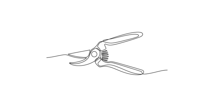 Line drawing of pruning shears cutting a branch scissors gardening tool illustration black and white