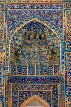 Close up on the details of Guri Amir or Gur Emir is a mausoleum of the Mongol conqueror Amir Temur, Samarkand, Uzbekistan