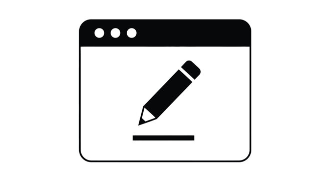 Simple black and white vector illustration representing a digital application window open for editing with a clear pencil icon poised above a signature line