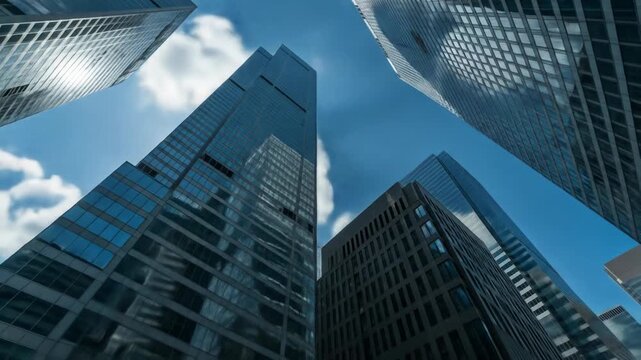 A low-angle shot of several tall, sleek skyscrapers reaching towards a blue sky with white clouds