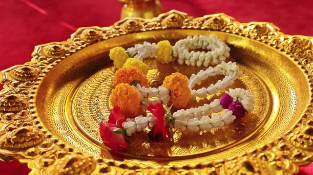 Decorative golden platter with fragrant flowers and ornate details