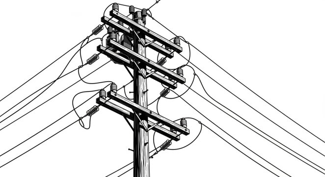 Detailed Line Art Illustration of a Utility Pole with Wires.