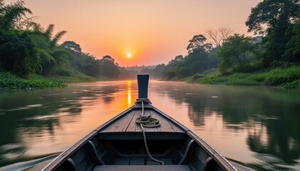 Fototapeta premium Journey into the Dawn: A solitary boat glides peacefully down a tranquil river at sunrise, offering a serene journey into the heart of a vibrant, natural landscape. 