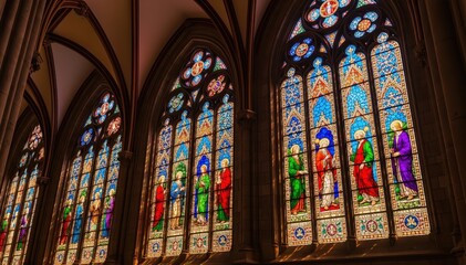 Obraz premium Sacred Light: A display of intricate, stained glass windows illuminate an architectural interior, the vibrant colors telling stories within the historic sanctuary.