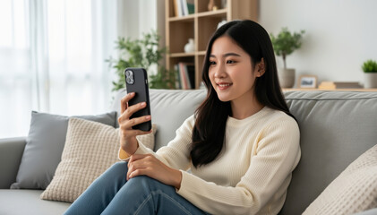 Obraz premium Woman with Phone on Sofa: An young woman sitting comfortably on a sofa, she looks at the phone, as if she's engaged in a video call, capturing a moment of relaxed digital interaction.