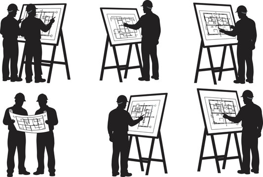 Set of black silhouettes of architects and engineers wearing hard hats reviewing blueprints on drawing boards and discussing construction plans isolated on white background