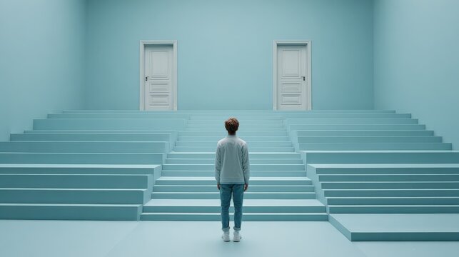 Man Facing Two Doors on Minimalist Staircase