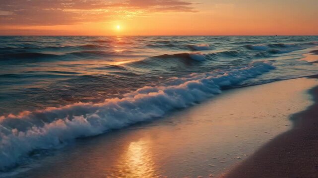 A serene beach scene at sunset with gentle waves on transparent background video
