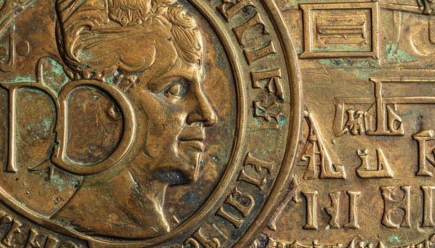 Close up of a bronze relief sculpture with portrait and inscriptions