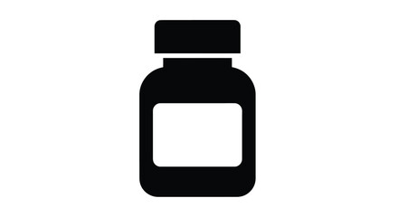 Obraz premium Simple black silhouette vector graphic illustration of a small prescription or supplement bottle with a blank label area awaiting text input.