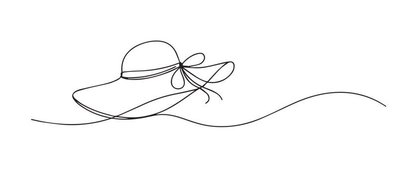 single line women beach hat.continuous line drawing of wide brim summer hat.fashion accessory concept.one line vector illustration.