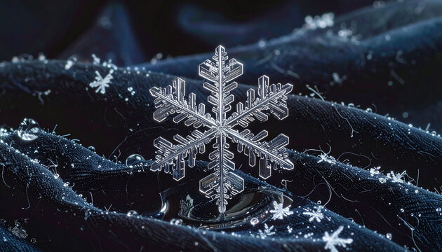 Macro photograph of a delicate snowflake against a dark textured background