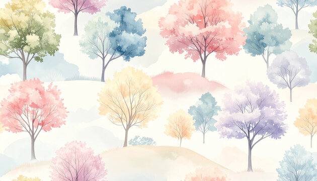 Watercolor trees pattern pastel colors and artistic design for backgrounds