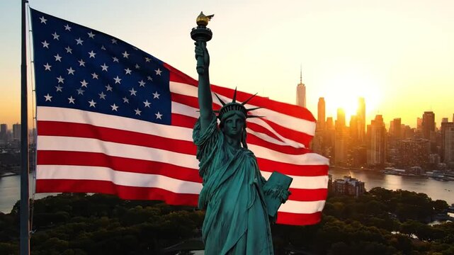 Statue of Liberty with American Flag Celebrating Independence Day